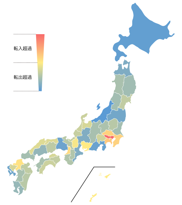 都道府県別の転入超過・転出超過（地図）
